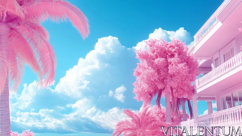 Cotton candy palms beside pastel modern resort balconies.