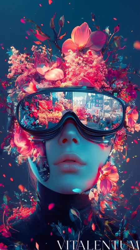 Cybernetic woman with visor surrounded by neon flowers.