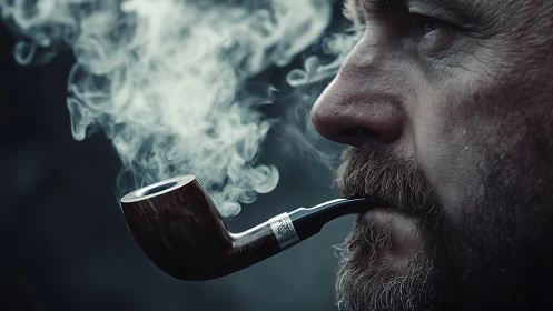 Moody closeup portrait with smoking wooden tobacco pipe.