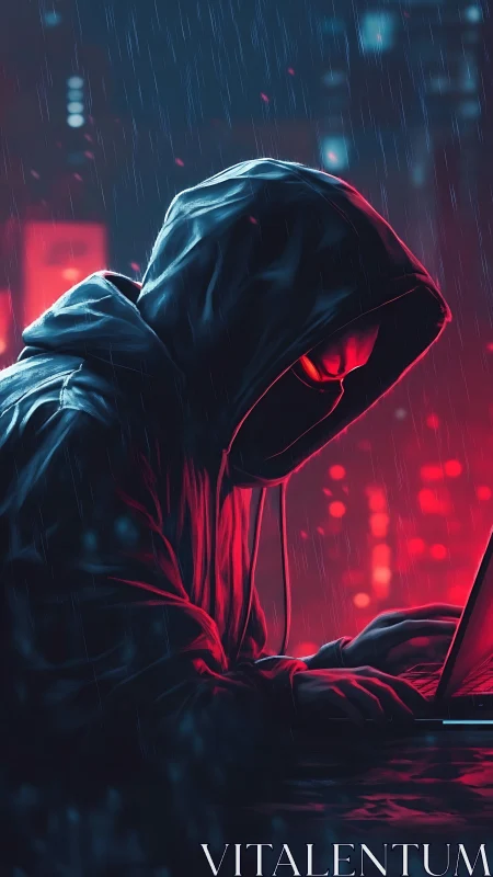 Hooded figure in rain-lit city working at laptop at night.