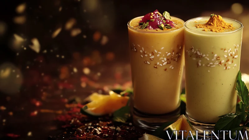 Spiced mango and turmeric lassi in cinematic bokeh lighting.