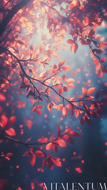 Scarlet leaves drifting through dreamy forest light.