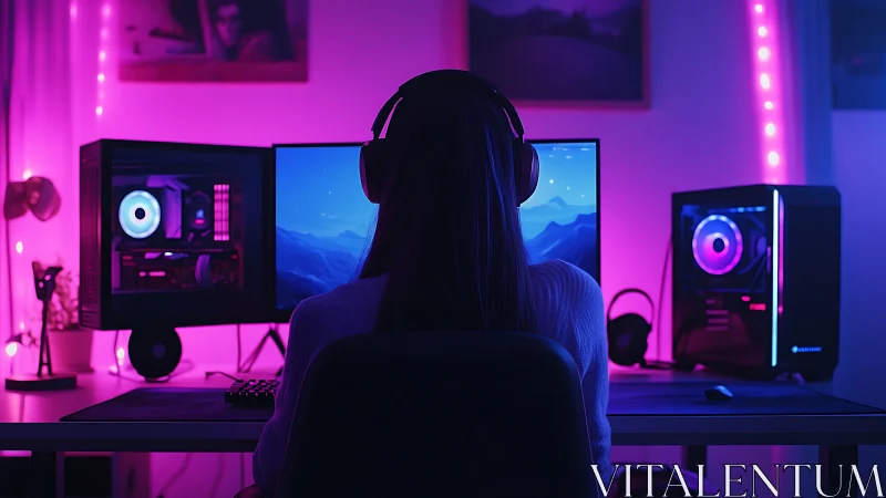 Person uses dual-monitor desktop in LED-lit gaming room