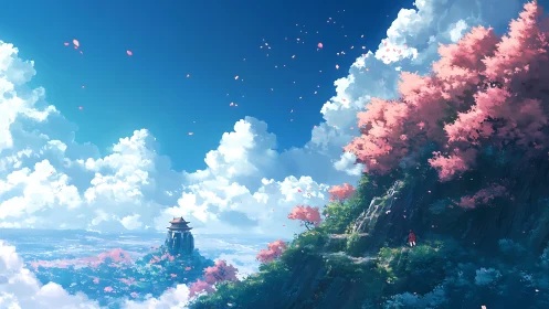 Vast cherry blossom mountainscape under towering cumulus clouds