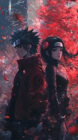Dual anime warriors beneath scarlet foliage in urban dusk