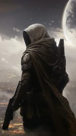 Hooded sci fi warrior overlooking illuminated future city.