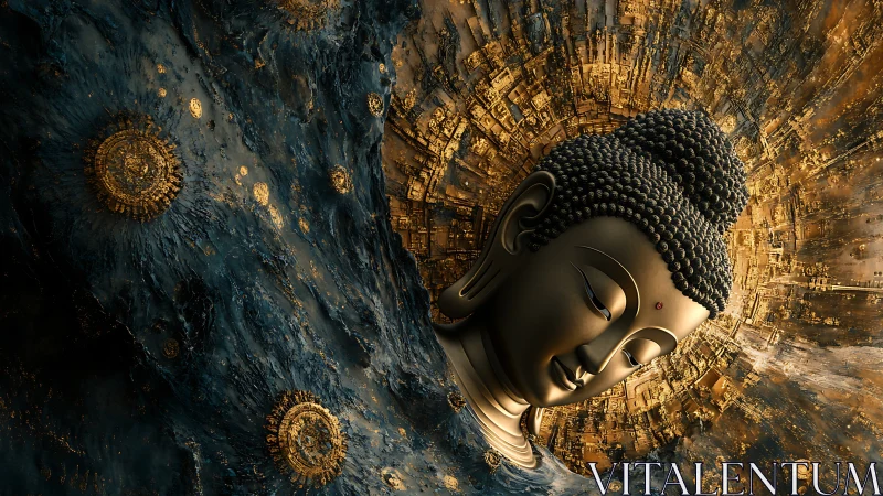 Serene Buddha head amid swirling gold cosmic forms.