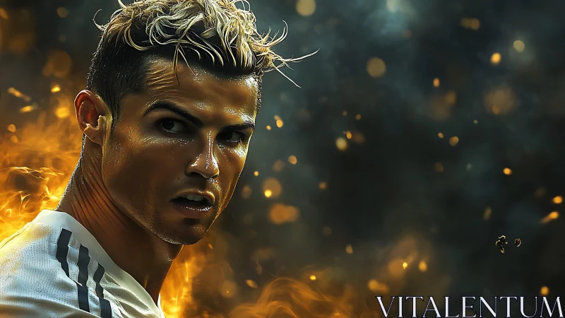 Fiery soccer focus framed by swirling golden sparks.