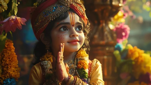 Devotional child in Krishna attire glows amid festive blossoms