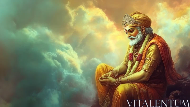 Meditative sage in golden robes sits amid luminous storm clouds