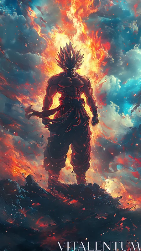 Digital painting of fiery warrior silhouette in apocalyptic sky.