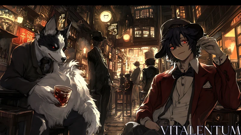 Anthropomorphic canine and human share night bar interior scene