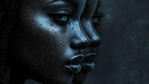 Metallic blue portrait with twin reflective profiles.