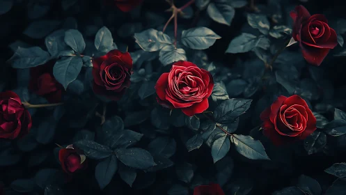 Deep Crimson Blooms Whisper Against Moody Shadows.