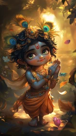 Playful blue child in golden forest shares a gentle smile