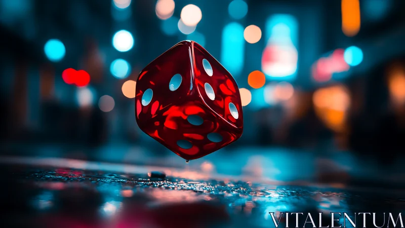 Chromed red die suspended above neon city pavement.