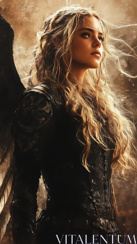 Winged warrior gazes into blazing light, poised for battle.