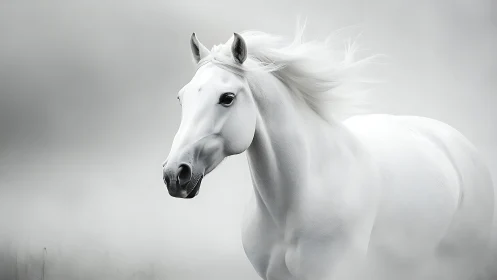 White horse in motion within high key misty environment