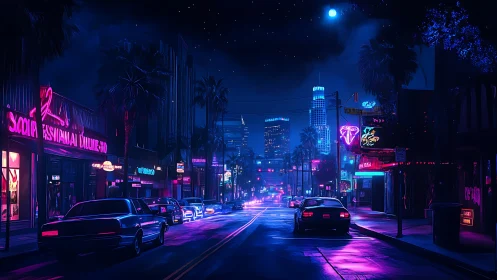 Neon midnight boulevard under starlit city skies.