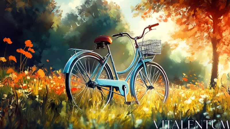Blue Bicycle Among Wildflowers in Golden Light