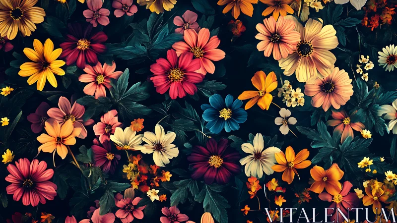 Vibrant Floral Symphony on Dark Garden Background.