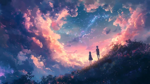 Stargazing silhouettes under luminous nebula sunset sky