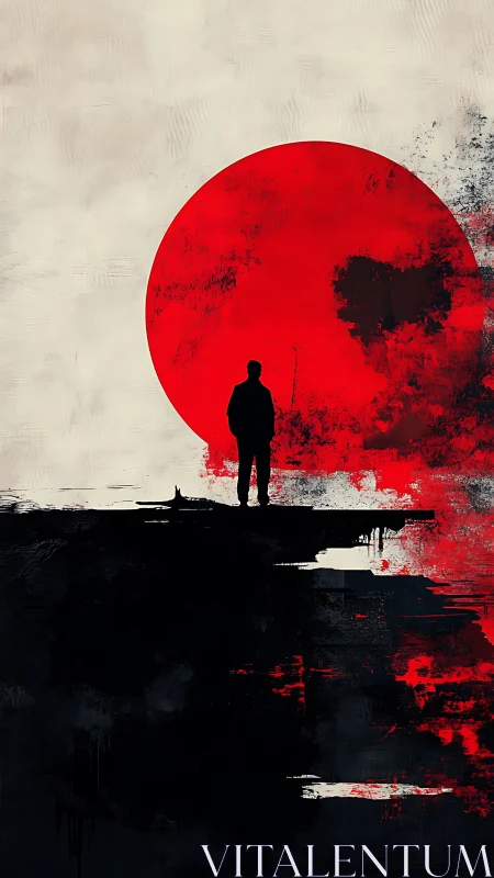 Silhouette studying red sun over abstract dark chasm.