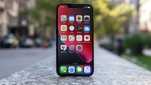 iPhone Home Screen Display with Red Gradient Wallpaper.