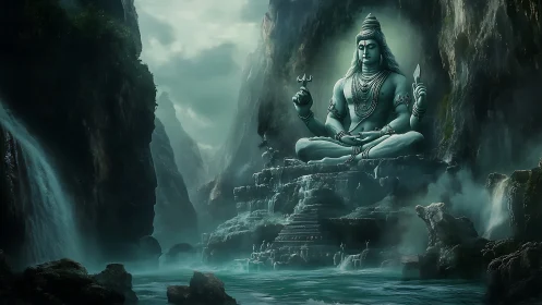 Digital rendering shows large seated deity statue in canyon