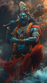 Mythic blue deity warrior with trident mace amid swirling smoke