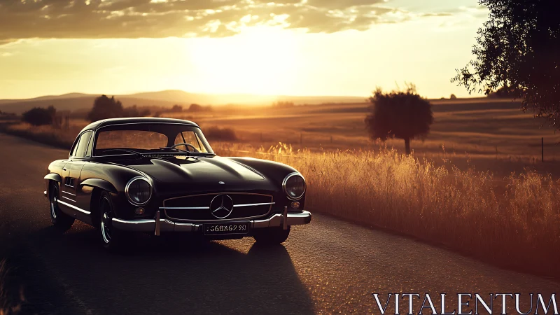 Sunlit classic coupe glides through golden country twilight.