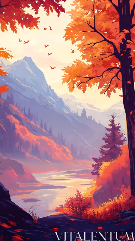 Autumn mountain valley with river in warm sunset light.