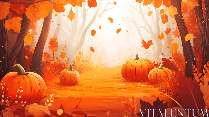 Pumpkin lantern path glows through a swirling amber forest.