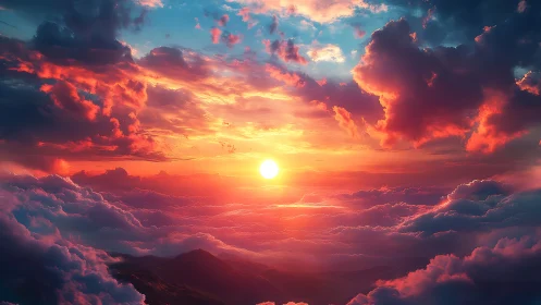 Radiant sun over vivid cloud sea at cinematic dusk.