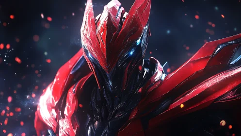 Crimson cybernetic warrior portrait in dynamic ember field.
