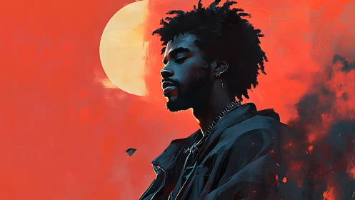 Moody side-profile portrait glows beneath a painted sun.