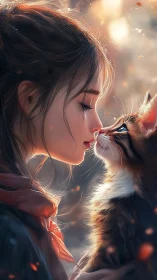 Girl and tabby cat in soft backlit autumn embrace.