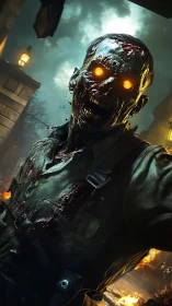 Burning street undead soldier with glowing inferno eyes.
