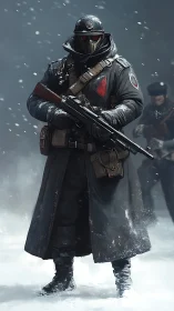 Arctic trench marksman in retro-futurist combat ensemble.