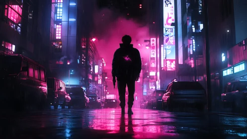 Silhouetted figure crosses neon street in rain-soaked cyberpunk alley