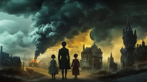 Children witness burning town under stormlit eclipse sky.