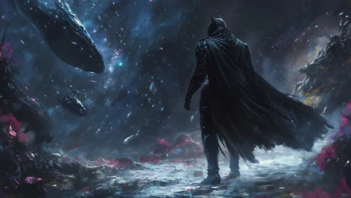 Armored caped sentinel under drifting starborne leviathans