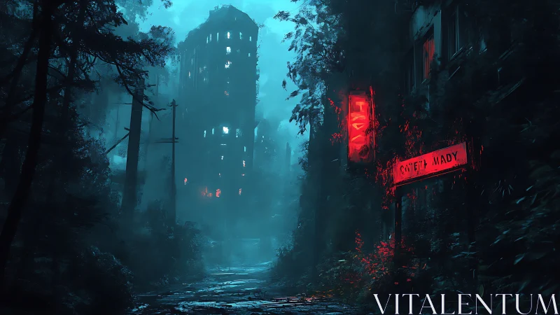 Neon decay corridor in post-urban overgrown highrise district.