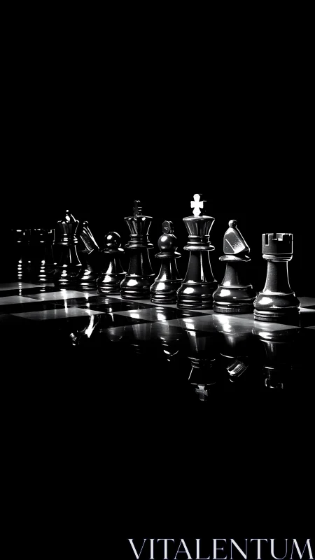 Midnight chess army poised on a gleaming mirrored battlefield.