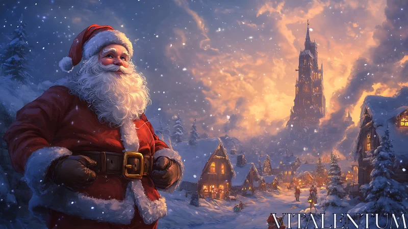 Santa surveying glowing winter village at dusk snowfall.
