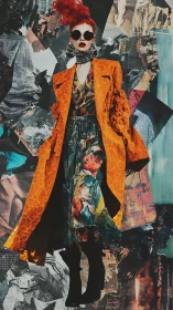 Model in orange coat against abstract collage backdrop.