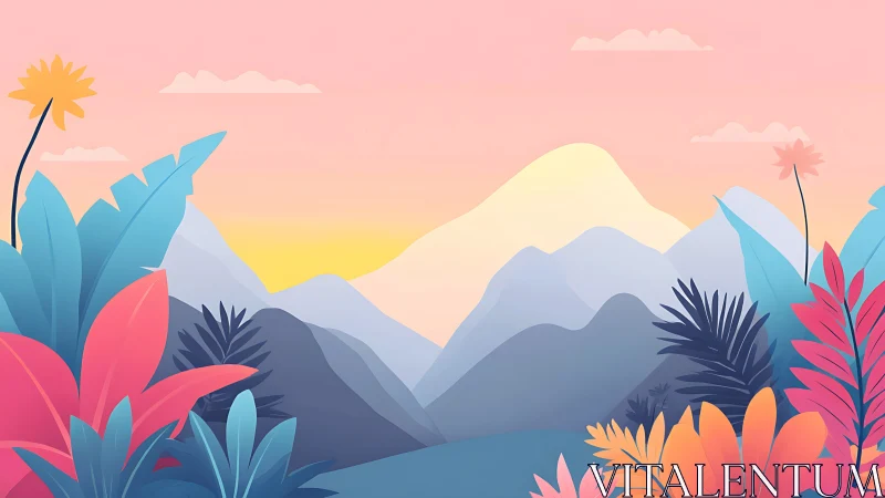 Sunrise paints pastel mountains behind lush tropical foliage.