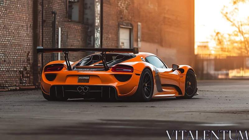 Orange hypercar dominates deserted industrial alleyway sunset.