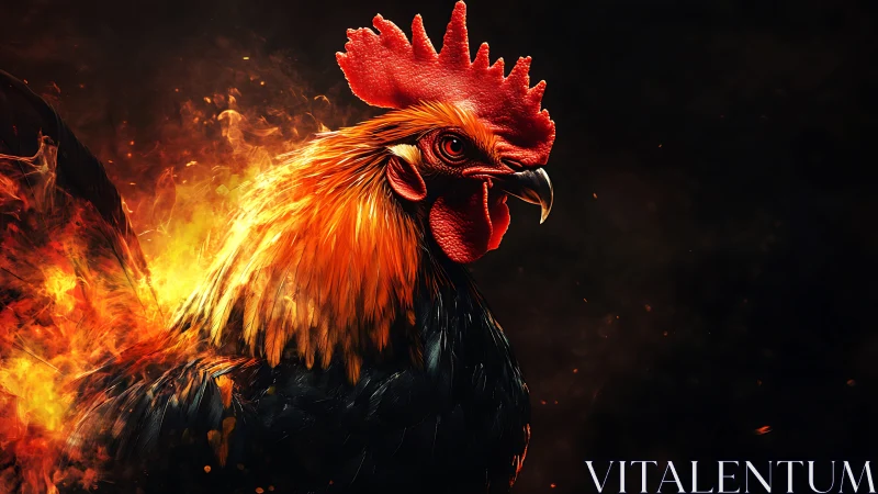 Fire-Engulfed Rooster with Crimson Plumage and Spiked Comb.
