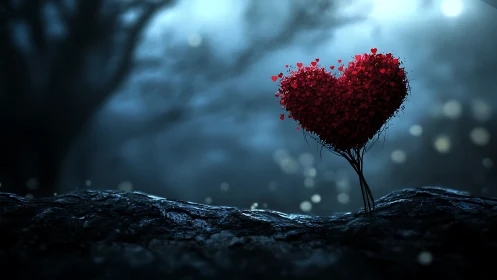 Stylized heart-shaped tree rendered against dark blue atmospheric background.